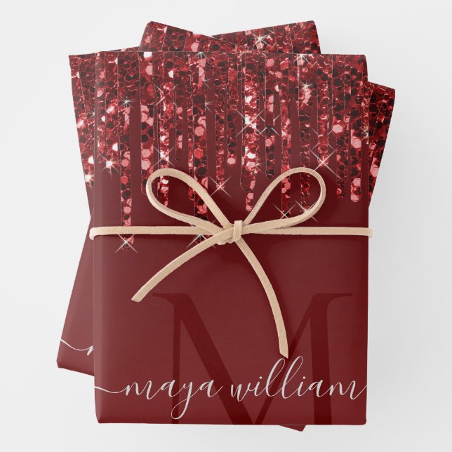 Red Glitter Drips Personalised Monogram And Name Wrapping Paper Sheet (In situ)