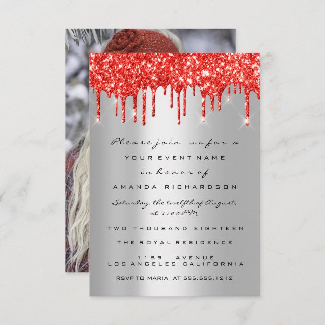 Red Glitter Drips Silver Bridal Sweet 16th Birthda Invitation (Front/Back)