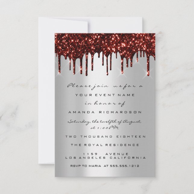 Red Glitter Drips Silver Grey  Bridal Sweet 16th Invitation (Front)