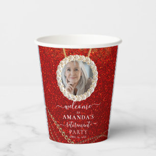 Red Glitter Elegant Custom Photo Retirement Party Paper Cups