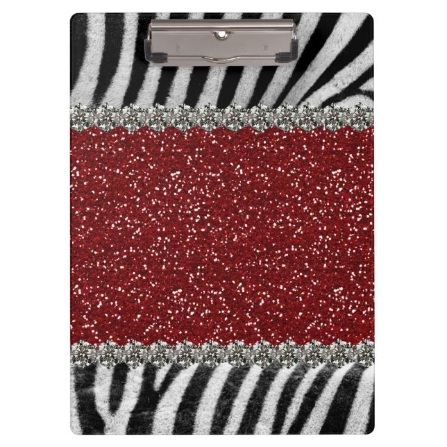 Red Glitter (Faux) Zebra Stripes Personalised Clipboard (Front)