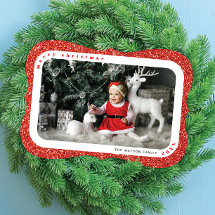 Red Glitter Framed Photo Family Christmas Card