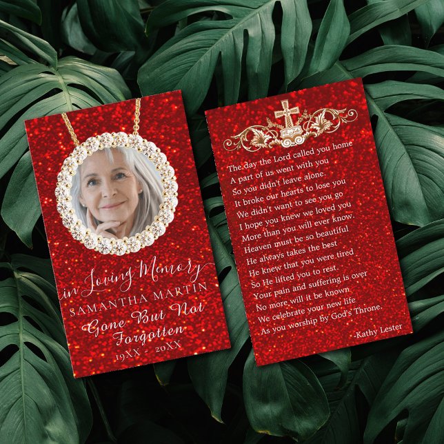 Red Glitter Funeral Memorial Prayer Photo Card (Creator Uploaded)