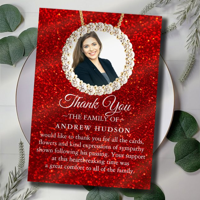 Red Glitter Funeral Photo Sympathy Thank You Card (Creator Uploaded)