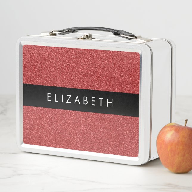 Red Glitter, Glitter Background, Your Name Metal Lunch Box (In Situ)