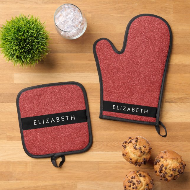 Red Glitter, Glitter Background, Your Name Oven Mitt & Pot Holder Set (Top Down)