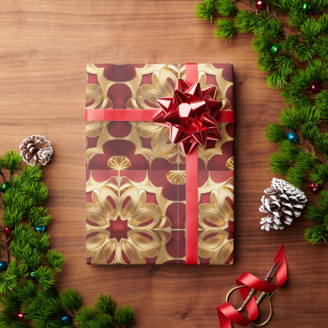 Red Glitter Gold Flower Art Wrapping Paper (Holiday Gift)