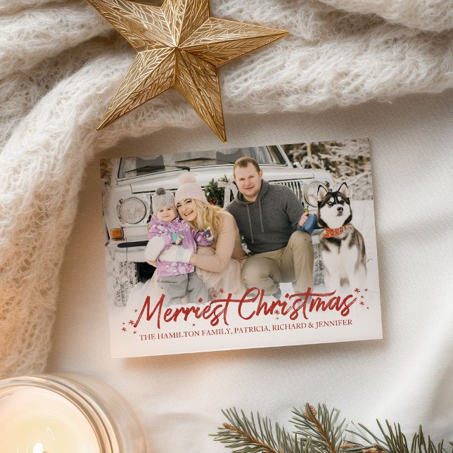 Red Glitter Handwritten Photo Merriest Christmas Postcard (Creator Uploaded)