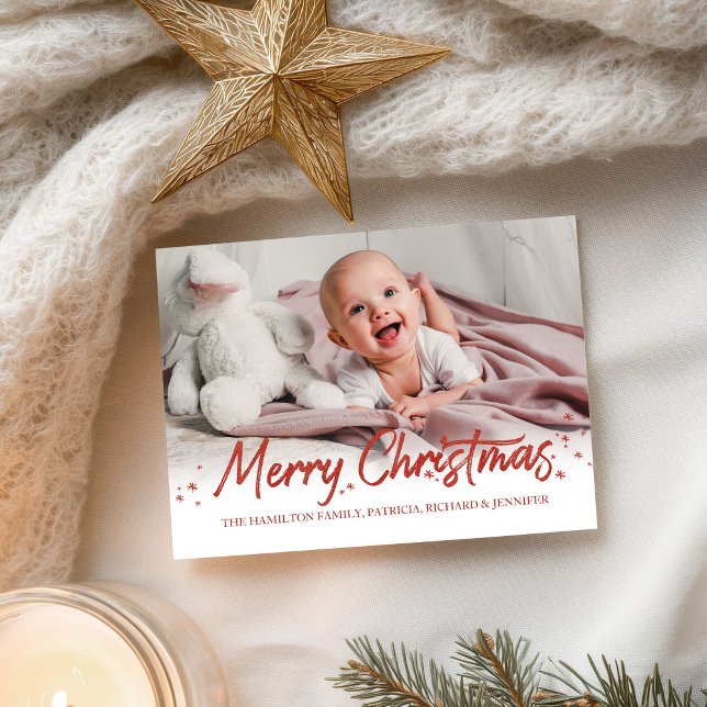Red Glitter Handwritten Photo Merry Christmas Postcard (Creator Uploaded)