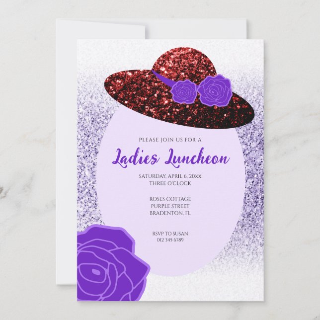 Red glitter hat purple lavender Ladies Luncheon Invitation (Front)