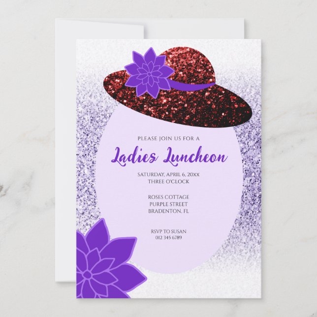 Red glitter hat purple lavender Ladies Luncheon Invitation (Front)