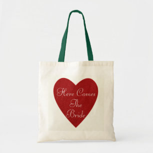Red Glitter Heart Here Comes The Bride Tote Bag