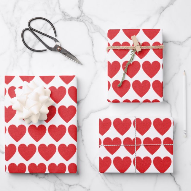 Red Glitter Heart Pattern Wrapping Paper Sheet (Front)