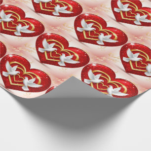 Red Glitter Heart With Gold Hearts And White Doves Wrapping Paper