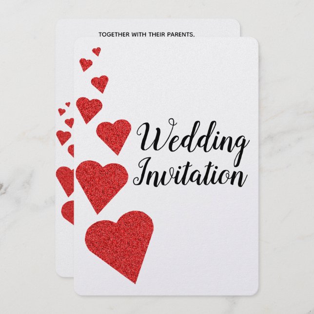 Red Glitter Hearts Wedding Invitation (Front/Back)