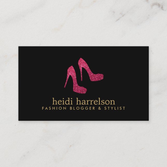 Red Glitter Heels Boutique Fashion Stylist Black Business Card (Front)
