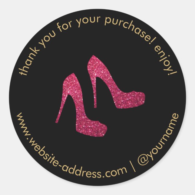 Red Glitter Heels Boutique, Postmark Seller Black Classic Round Sticker (Front)