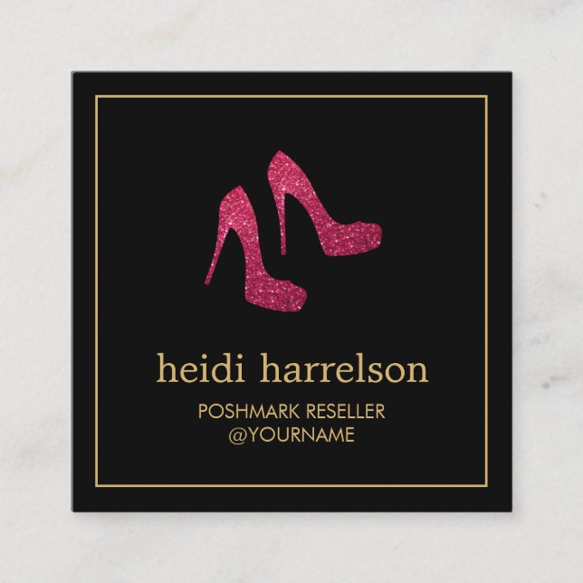 Red Glitter Heels Boutique, Postmark Seller Black Square Business Card (Front)