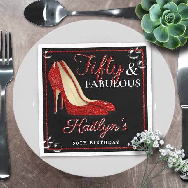 Red Glitter High Heels | Fifty & Fabulous Birthday Napkin (Creator Uploaded)