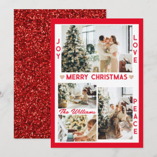 Red Glitter Joy Love Peace Custom Christmas Photo Holiday Card