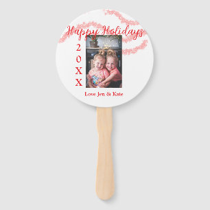 Red glitter kids family photo happy holidays name hand fan