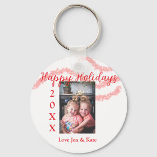 Red glitter kids family photo happy holidays name key ring