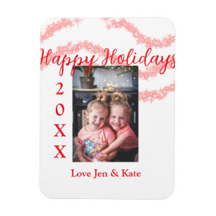 Red glitter kids family photo happy holidays name magnet