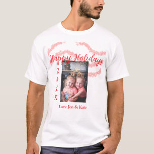 Red glitter kids family photo happy holidays name T-Shirt