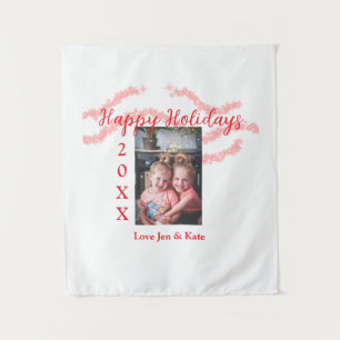 Red glitter kids family photo happy holidays name tapestry