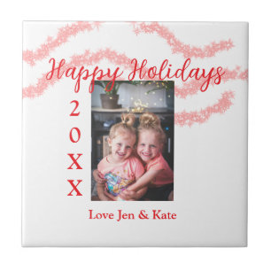 Red glitter kids family photo happy holidays name tile