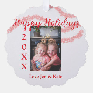 Red glitter kids family photo happy holidays name tree decoration card