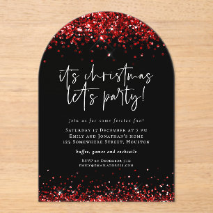Red Glitter Lets Party Christmas Black Acrylic Invitations