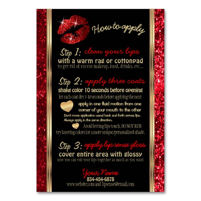 Red Glitter Lip How to Apply Instructions Table Number (Front)