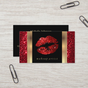 Red Glitter Lips and Elegant Gold Business Card