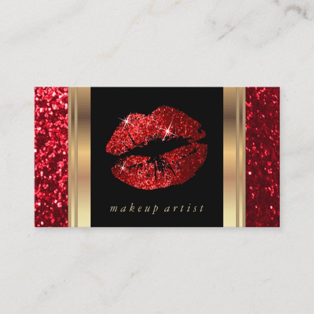 Red Glitter Lips and Elegant Gold Business Card (Front)