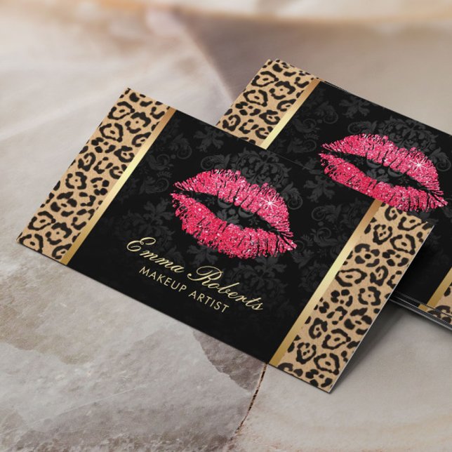 Red Glitter Lips Leopard Damask Makeup Artist Business Card (Creator Uploaded)