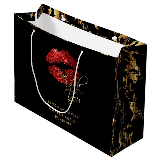 Red Glitter Lipstick and Gold Marble - Thank You Large Gift Bag (Front Angled)