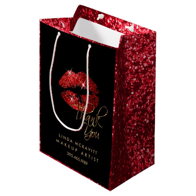Red Glitter Lipstick and Red Texture - Thank You Medium Gift Bag (Front Angled)