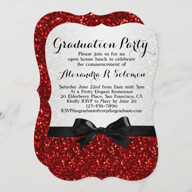 Red Glitter-look Bow Graduation Party Invitation (Front/Back)