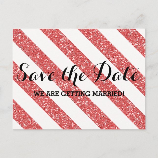 Red Glitter Look Stripes Save the Date Postcard (Front)