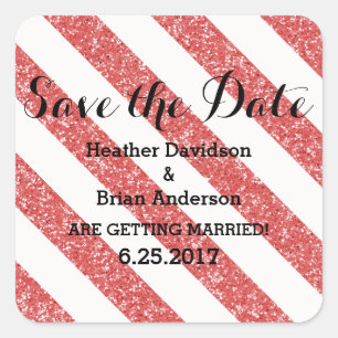 Red Glitter Look Stripes Save the Date Stickers