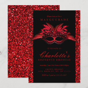 Red Glitter Masquerade Party Invitations