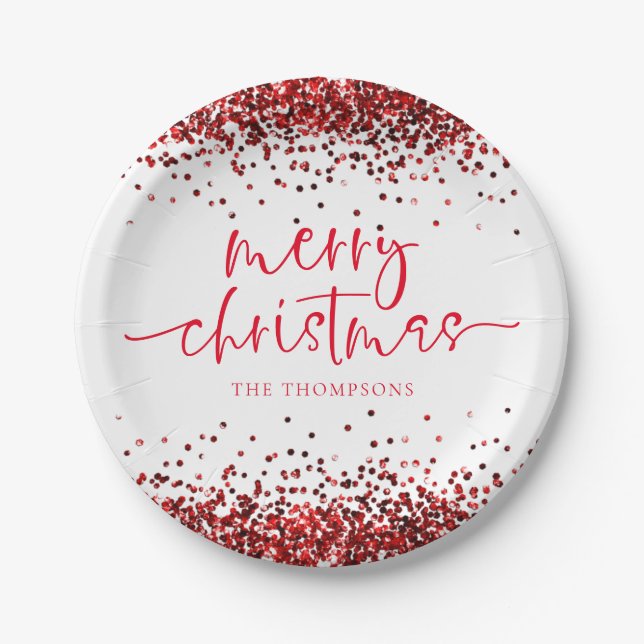 Red Glitter Merry Christmas Party White Paper Plate (Front)