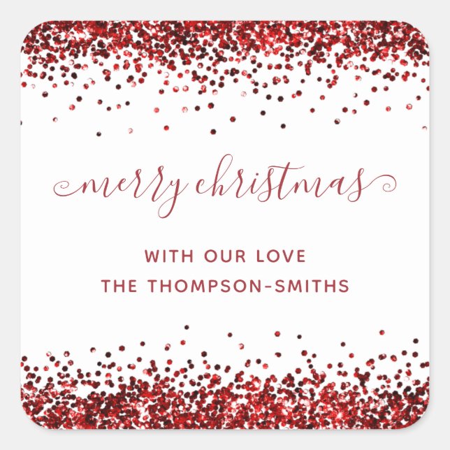 Red Glitter Merry Christmas Script Names White  Square Sticker (Front)