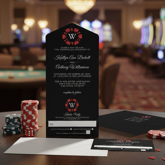 Red Glitter Monogram Poker Chip Casino Wedding All In One Invitation (Creator Uploaded)