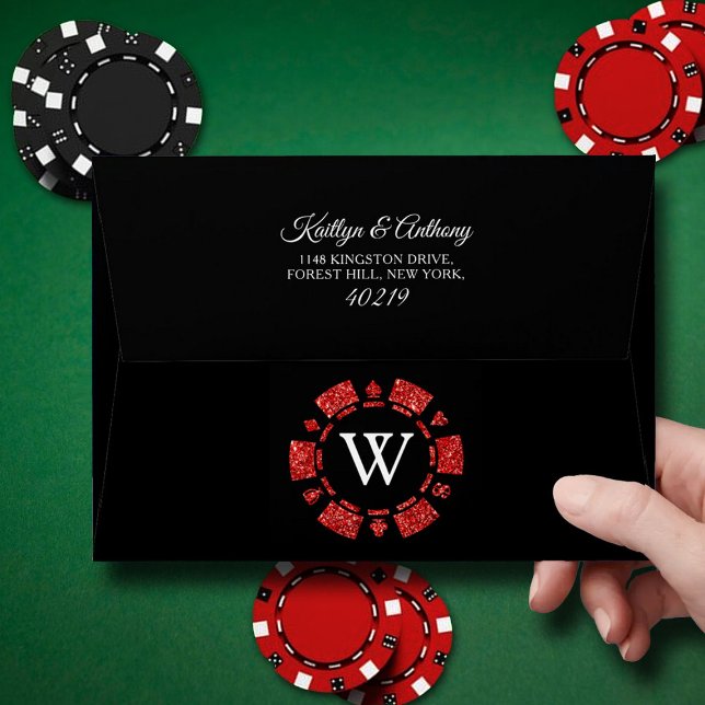 Red Glitter Monogram Poker Chip Casino Wedding Envelope (Creator Uploaded)