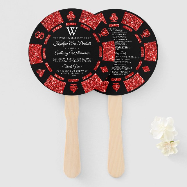 Red Glitter Monogram Poker Chip Casino Wedding Hand Fan (Front and Back)