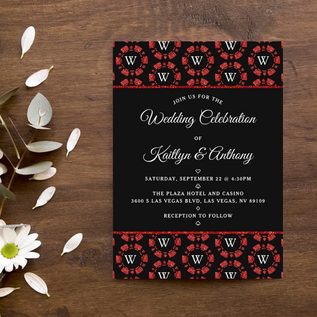 Red Glitter Monogram Poker Chip Casino Wedding Invitation (Creator Uploaded)
