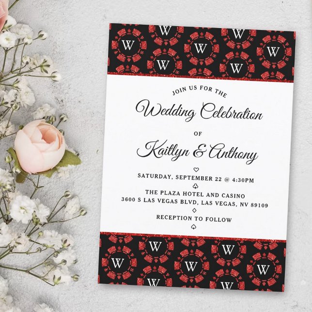 Red Glitter Monogram Poker Chip Casino Wedding Invitation (Creator Uploaded)