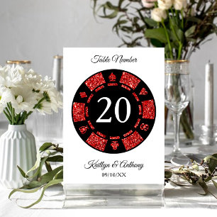 Red Glitter Monogram Poker Chip Casino Wedding Invitation